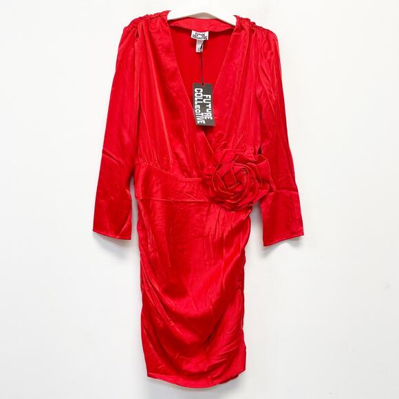Future Collective Women's Holiday Long Sleeve Rosette Mini Dress Red Size 4 - Picture 2 of 6